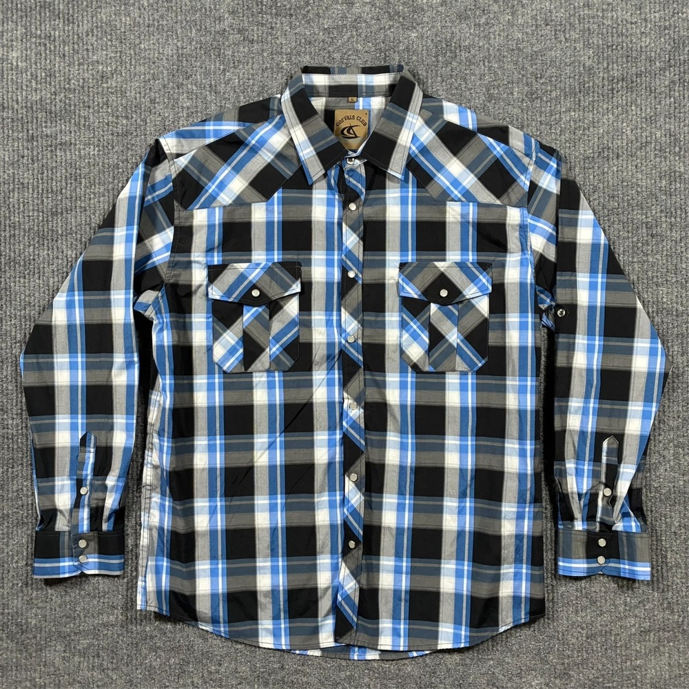 Coevals Club Mens Western Pearl Snap Shirt XL Blue Black Plaid Cowboy Rodeo